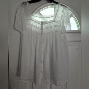 Torrid Baby Doll White Lace Square Neck Sz 0X Button Down Blouse Dotted Swiss